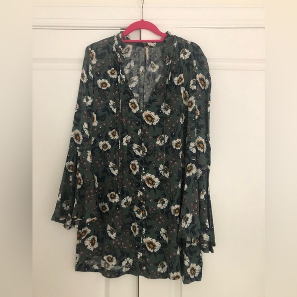 Free People Floral Green Tunic Dress With Bell Sleeves Size Small - Picture 2 of 6